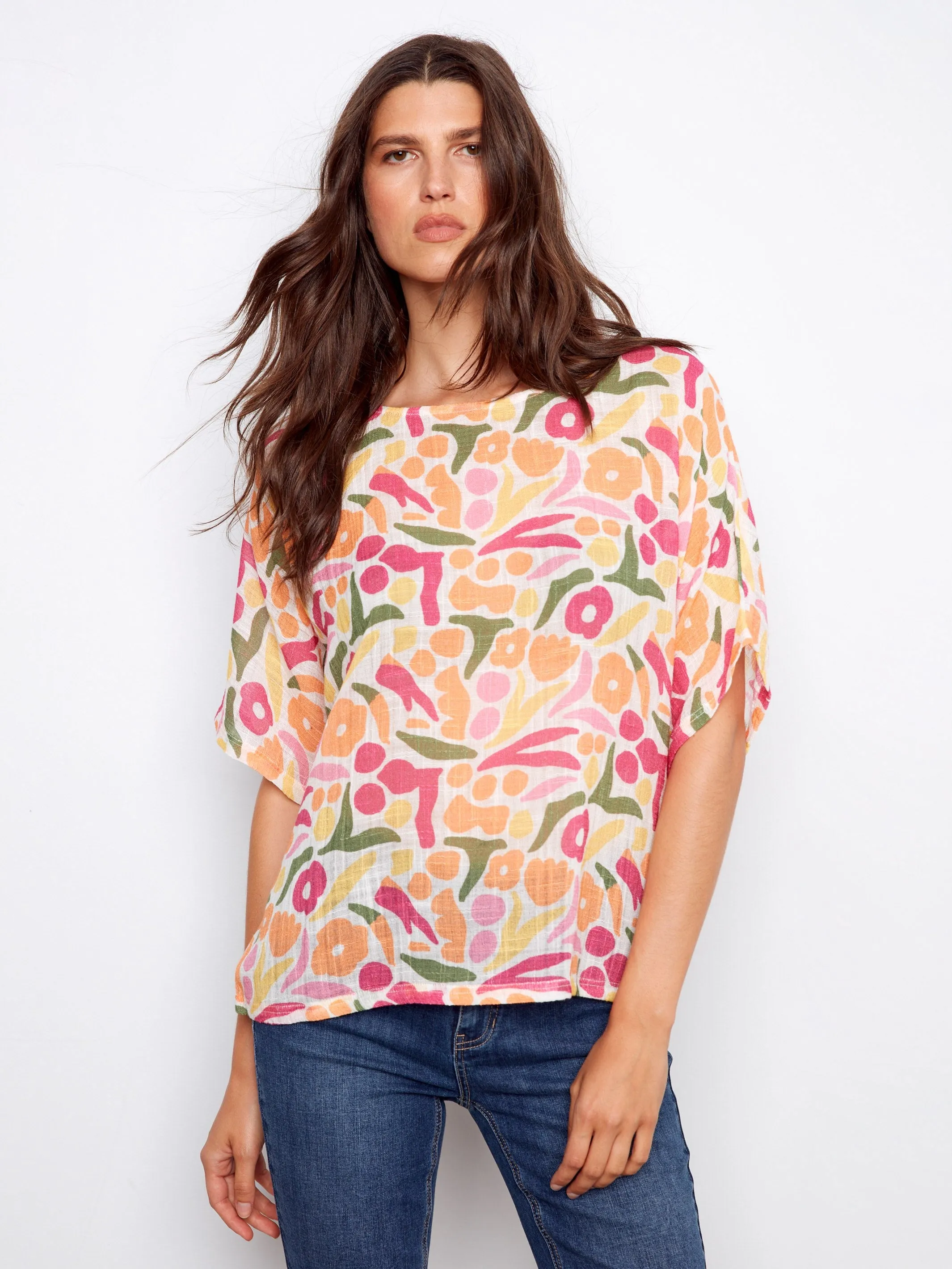Printed Dolman Cotton Blend Blouse - Sunburst sold by Charlie B