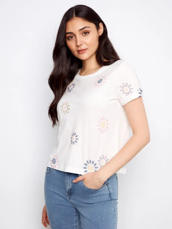 Embroidered Flowers Cotton Jersey T-Shirt - Daisies made by Charlie B