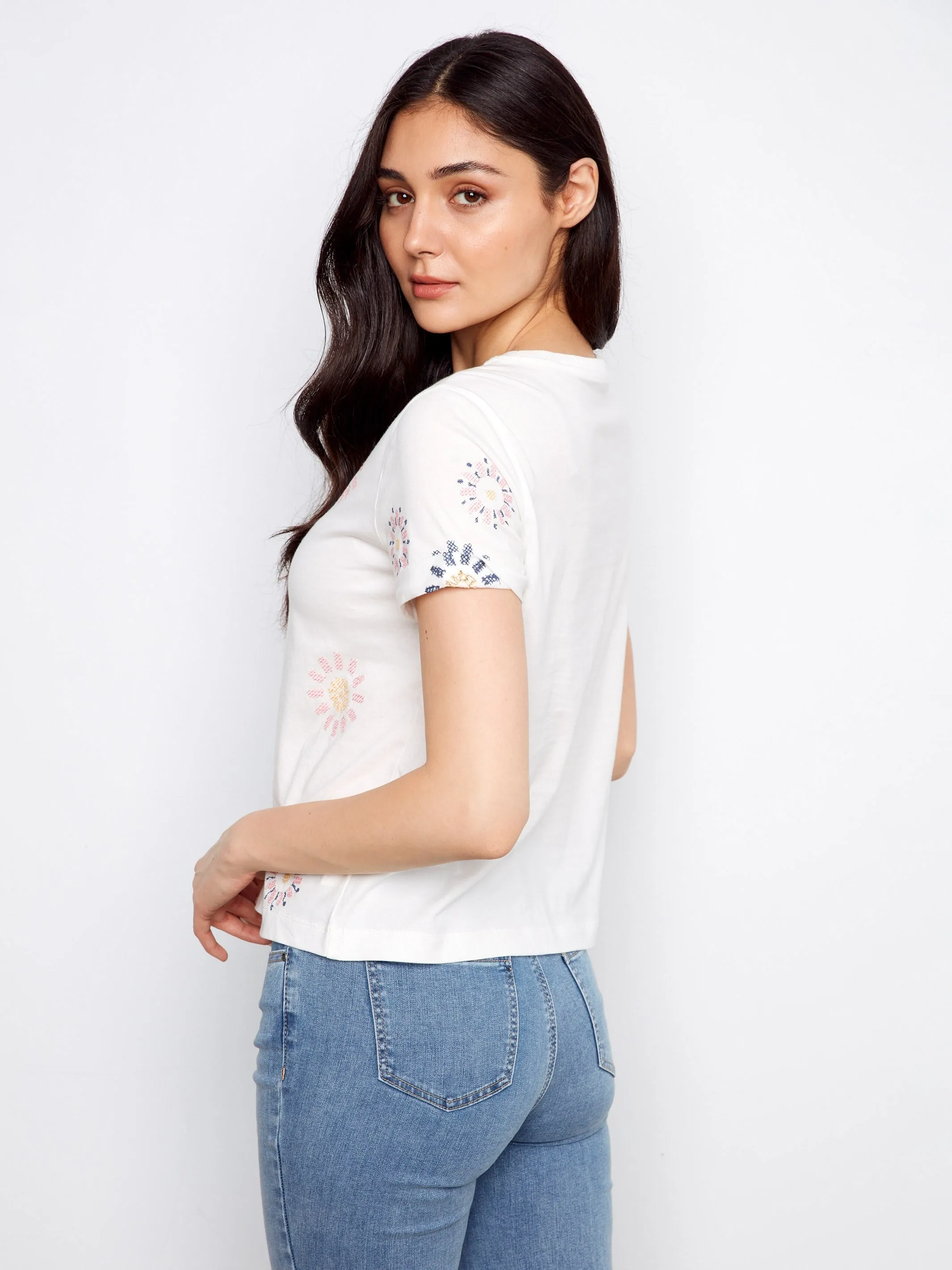 Embroidered Flowers Cotton Jersey T-Shirt - Daisies sold by Charlie B product image thumbnail 3