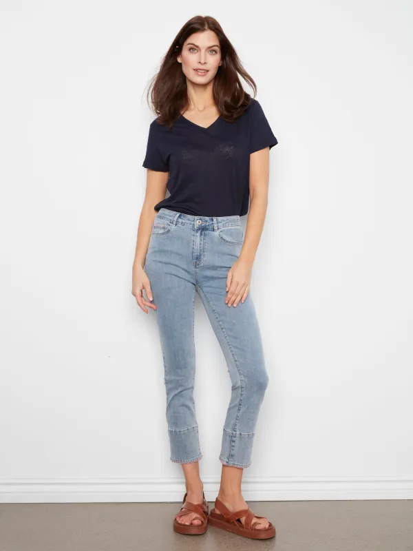 Slim Leg Jeans With Blanket Stitch Hem - Light Blue made by Charlie B