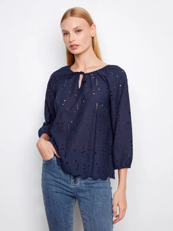 Cotton Eyelet Blouse - Navy made by Charlie B