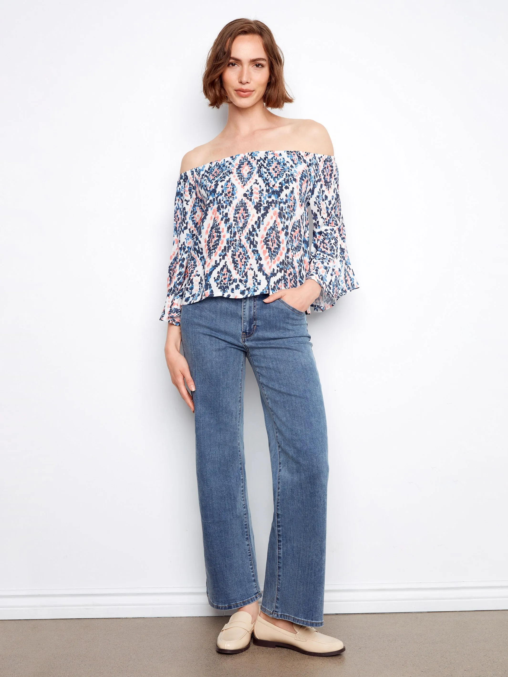 Printed 3/4 Sleeve Off-Shoulder Blous- Nomad sold by Charlie B product image thumbnail 3