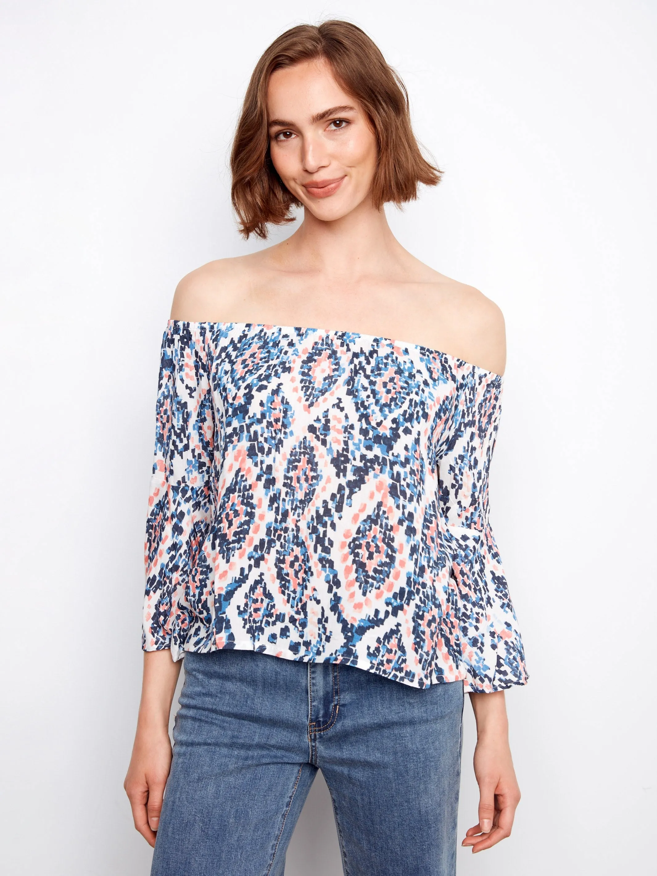 Printed 3/4 Sleeve Off-Shoulder Blous- Nomad sold by Charlie B product image thumbnail 4