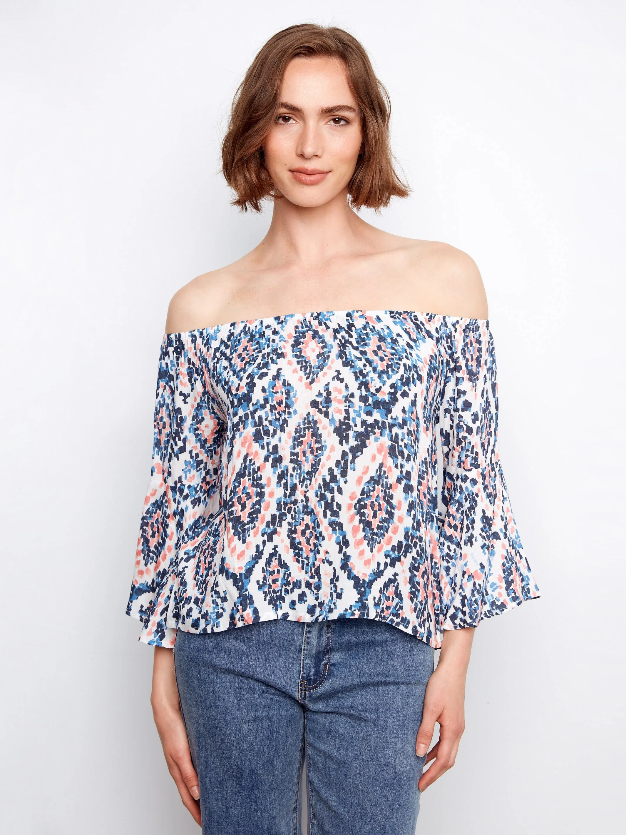 Printed 3/4 Sleeve Off-Shoulder Blous- Nomad sold by Charlie B