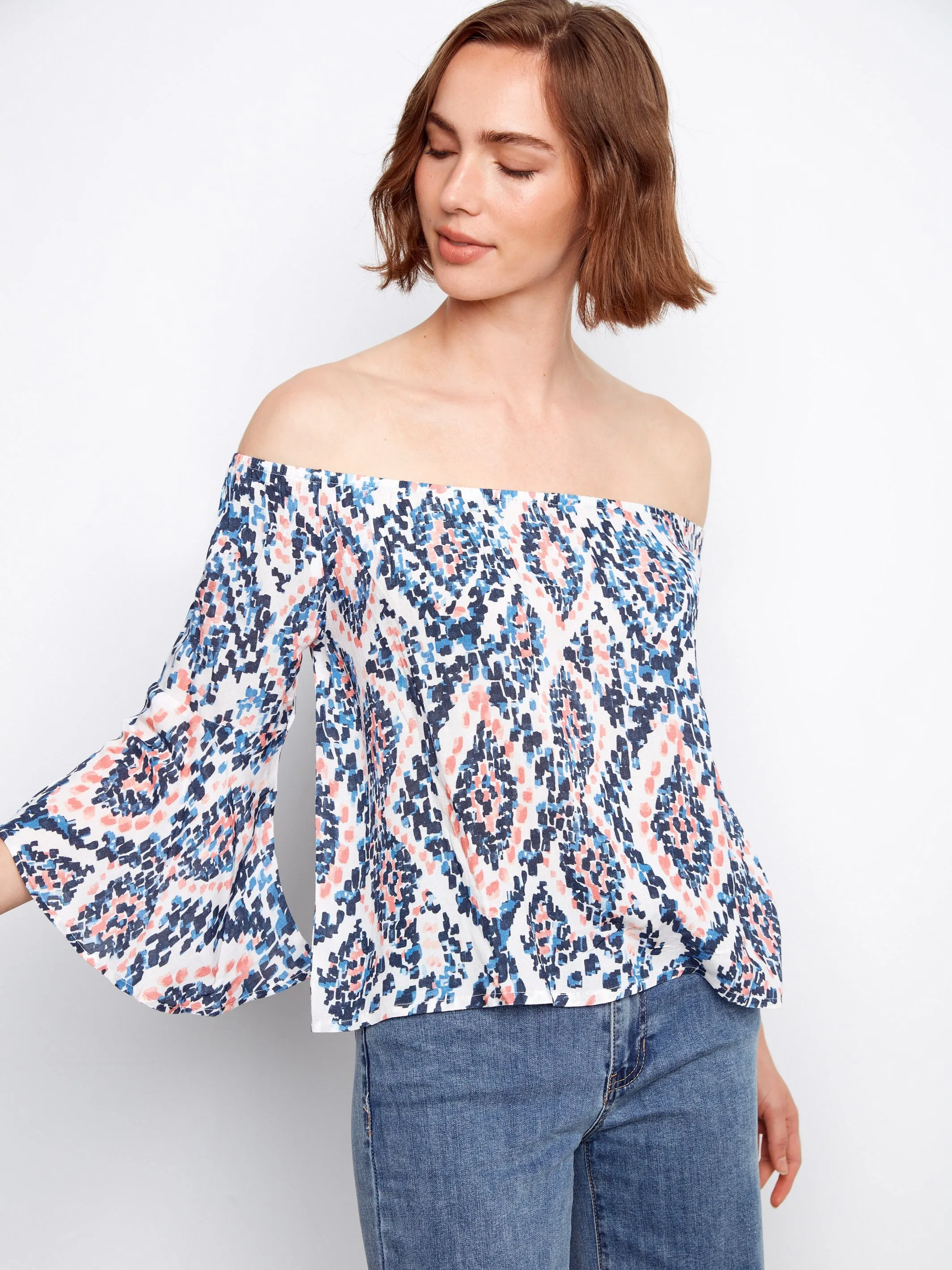 Printed 3/4 Sleeve Off-Shoulder Blous- Nomad sold by Charlie B product image thumbnail 2