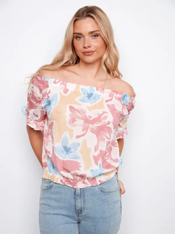 Printed Short Sleeve Off-Shoulder Blouse - Flowery made by Charlie B
