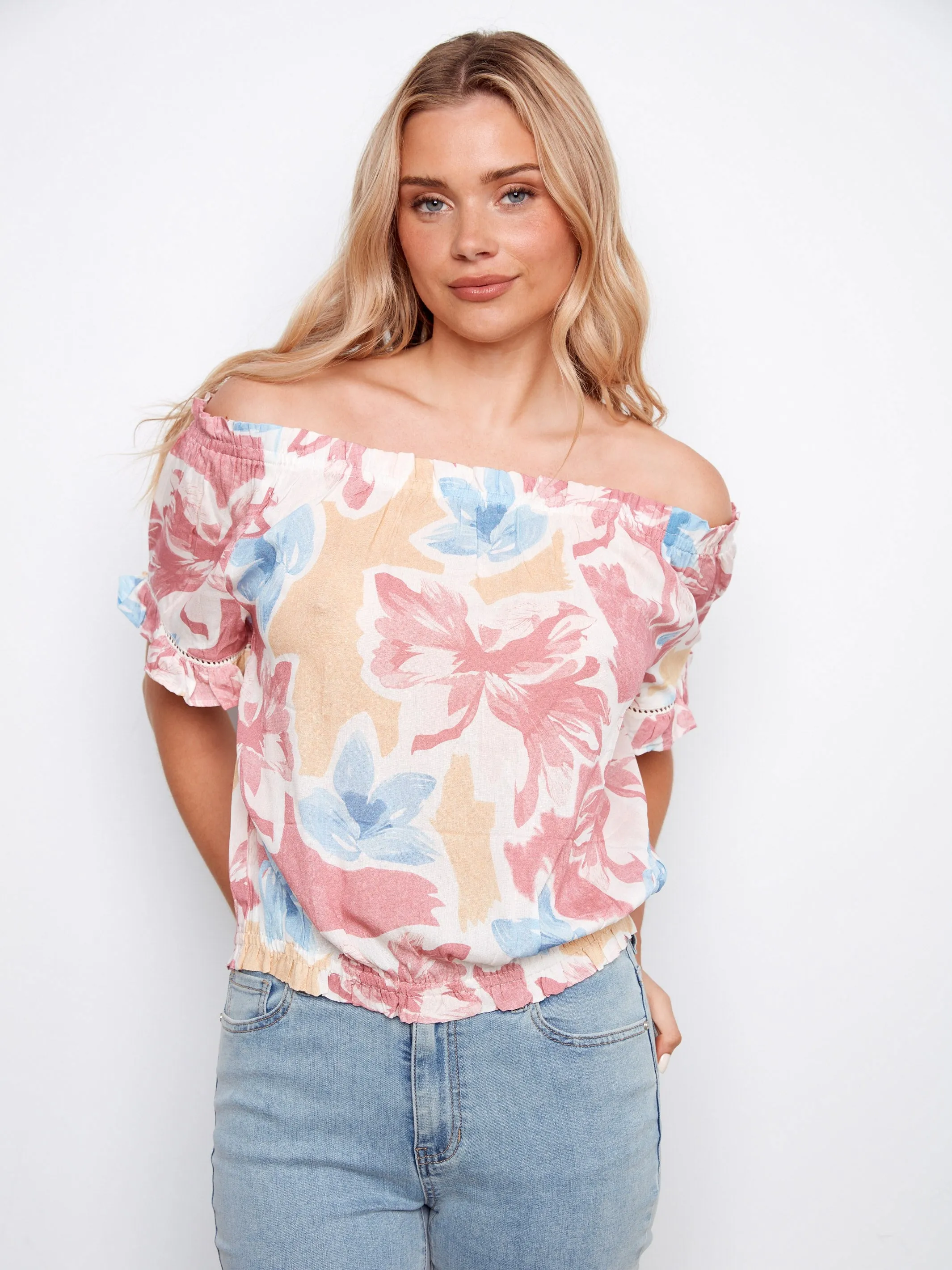 Printed Short Sleeve Off-Shoulder Blouse - Flowery sold by Charlie B