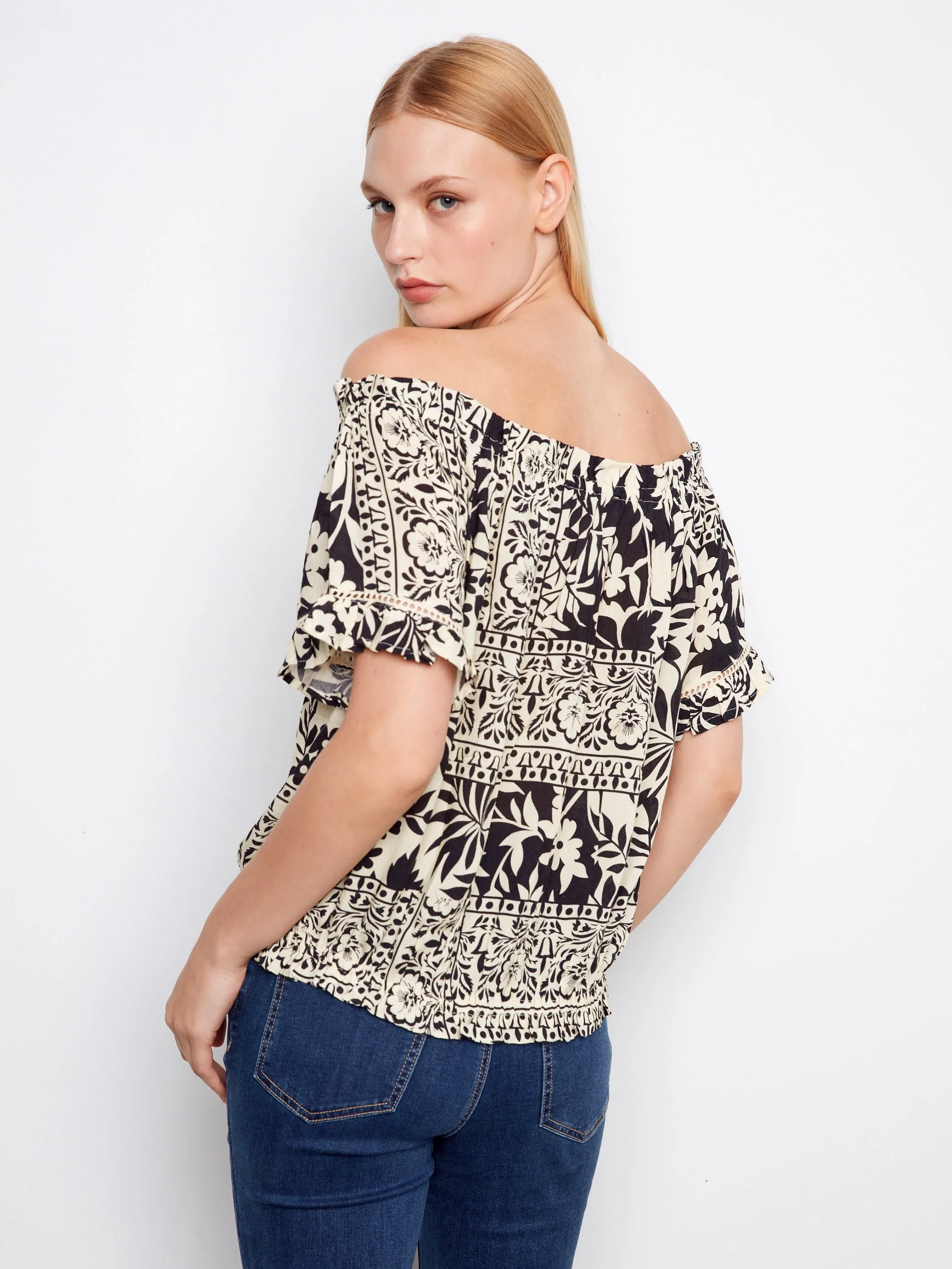Printed Short Sleeve Off-Shoulder Blouse - Ornato sold by Charlie B product image thumbnail 4