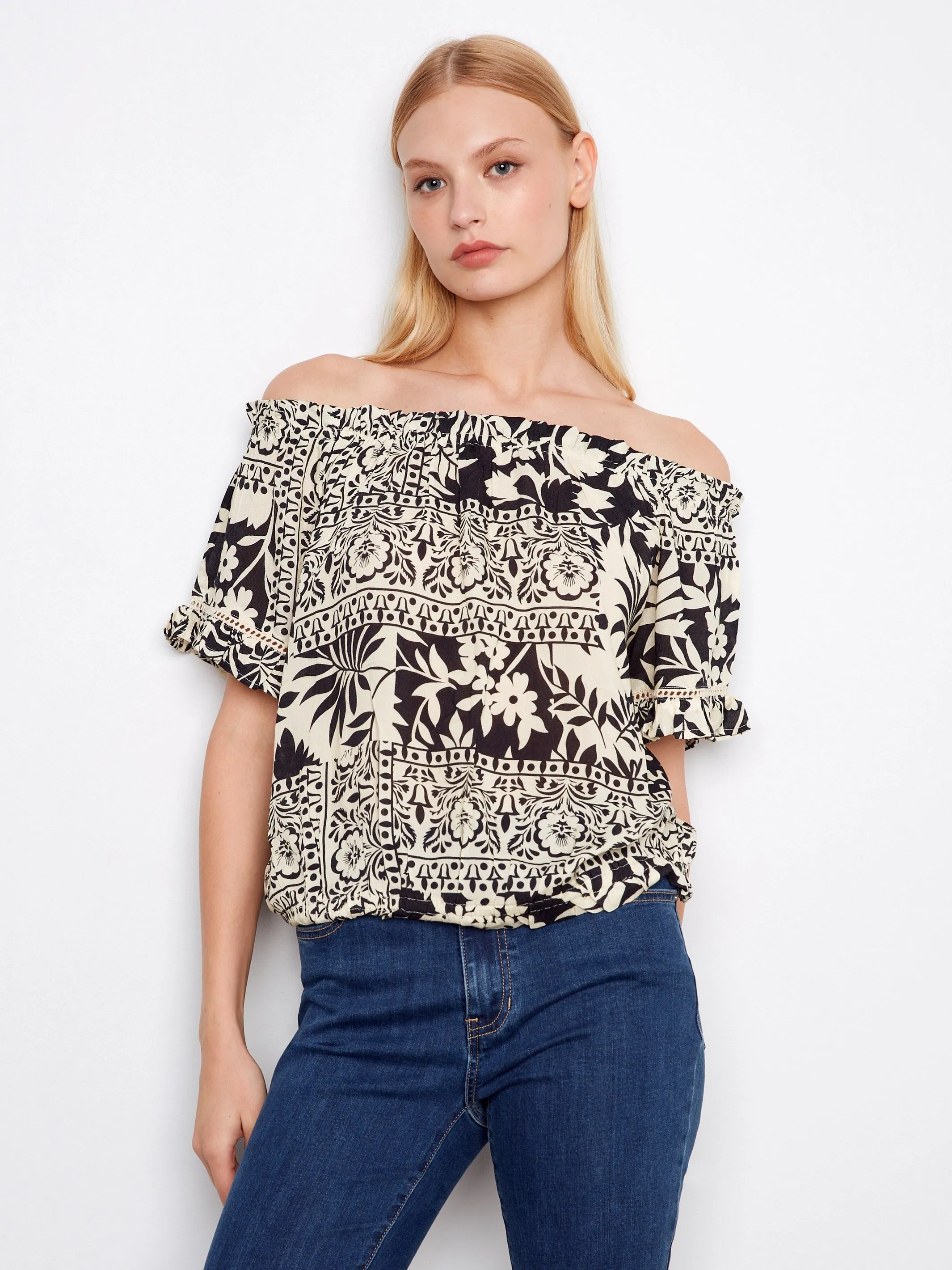 Printed Short Sleeve Off-Shoulder Blouse - Ornato sold by Charlie B