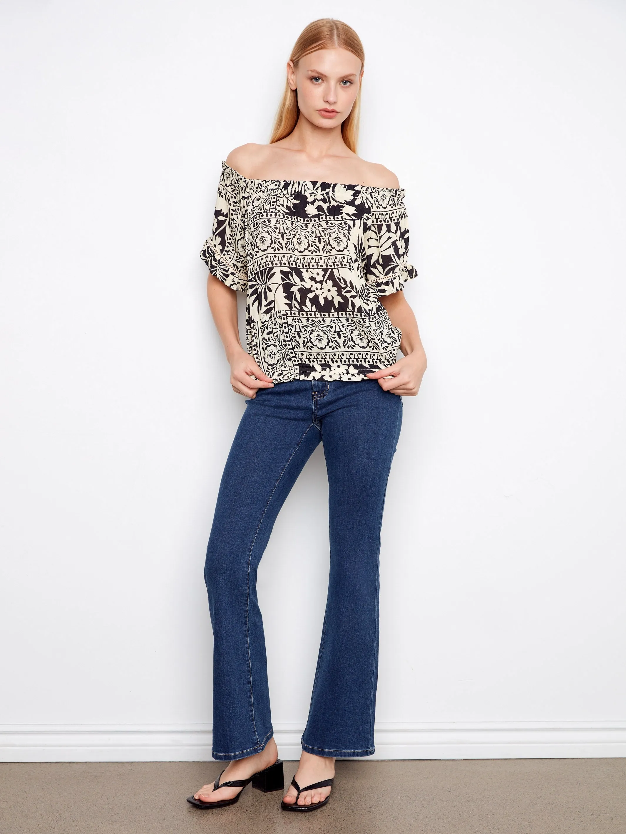 Printed Short Sleeve Off-Shoulder Blouse - Ornato sold by Charlie B product image thumbnail 5