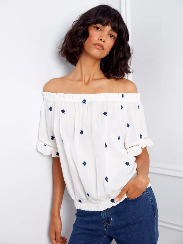 Embroidered Short Sleeve Off-Shoulder Blouse - White made by Charlie B