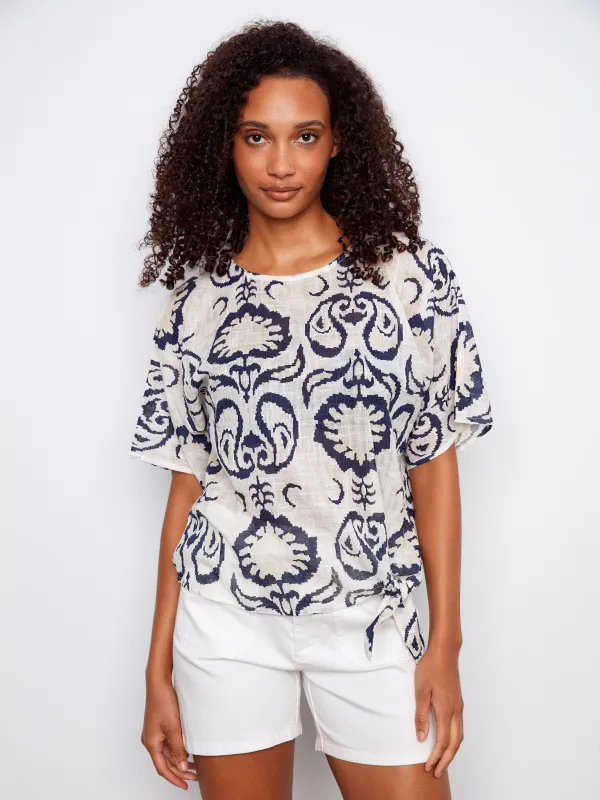 Printed Cotton Gauze Blouse With Side Tie - Ornament made by Charlie B