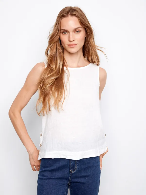 Sleeveless Linen Top With Side Buttons - White made by Charlie B