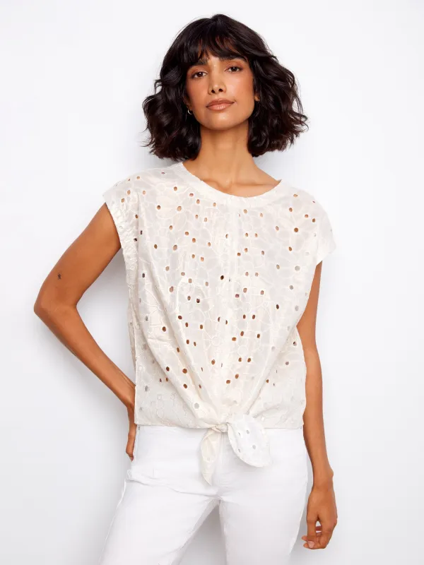 Foiled Cotton Eyelet Tie-Front Blouse - Gold made by Charlie B