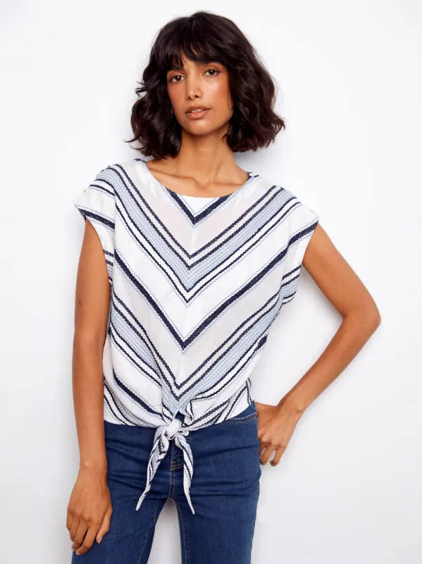 Striped Cotton Tie-Front Blouse - Cloud made by Charlie B