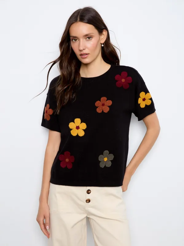 Cotton Floral Embroidered Short Sleeve Sweater - Black made by Charlie B