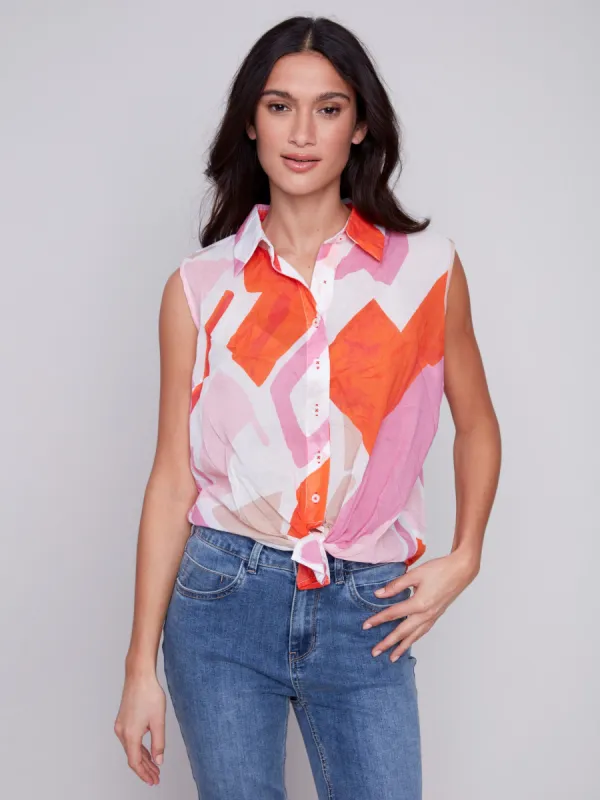 Printed Sleeveless Front Tie Cotton Shirt - Punch made by Charlie B