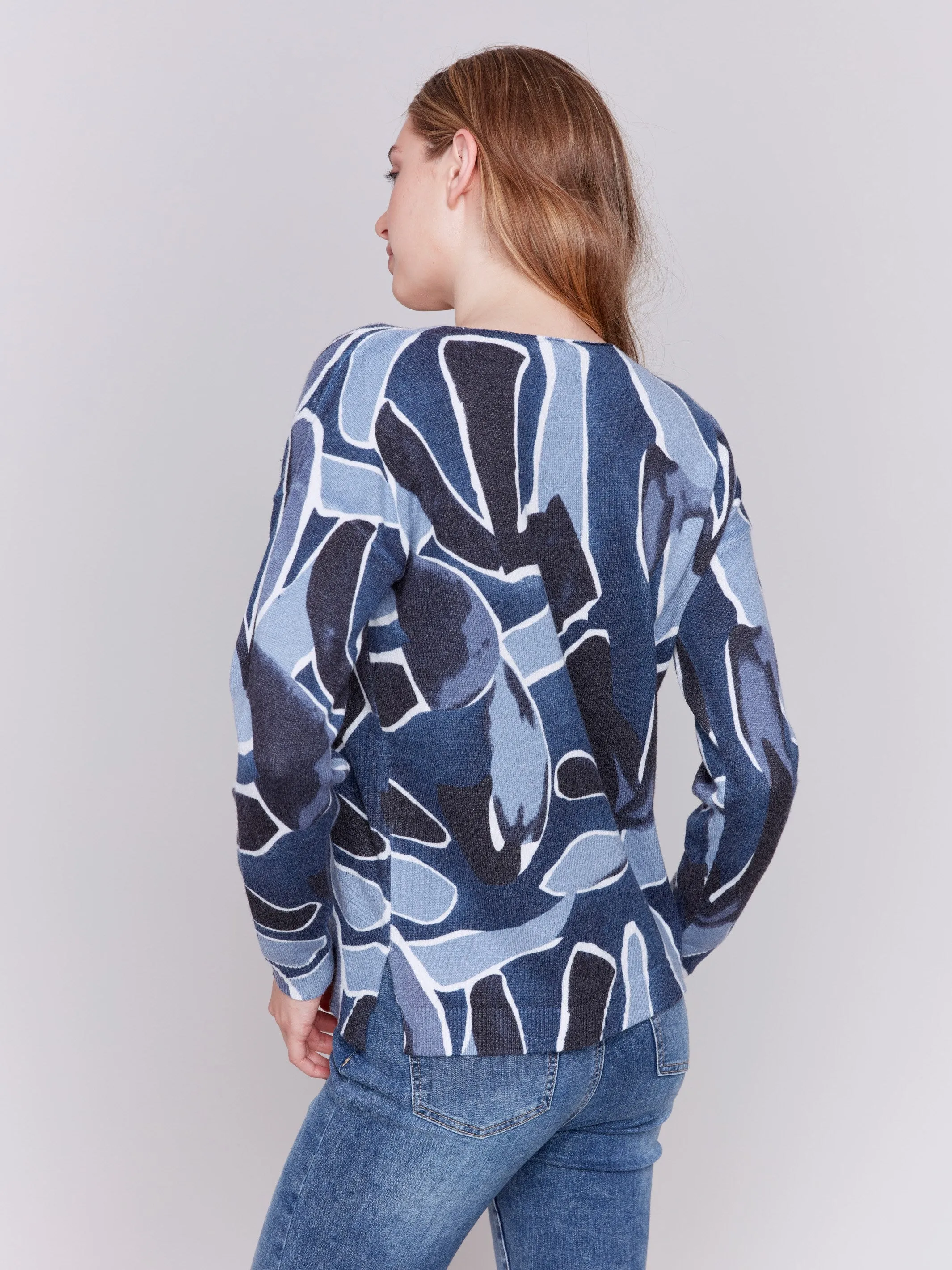 Printed Plush Knit V-Neck Sweater - Denim sold by Charlie B product image thumbnail 3