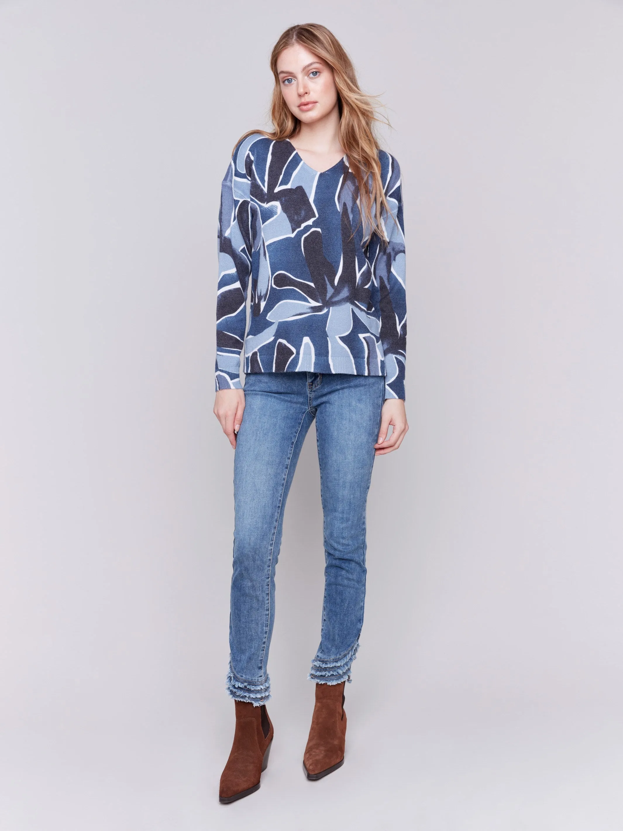 Printed Plush Knit V-Neck Sweater - Denim sold by Charlie B product image thumbnail 4