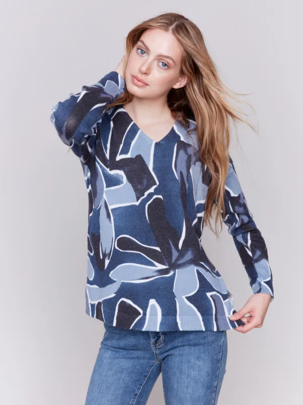 Printed Plush Knit V-Neck Sweater - Denim sold by Charlie B