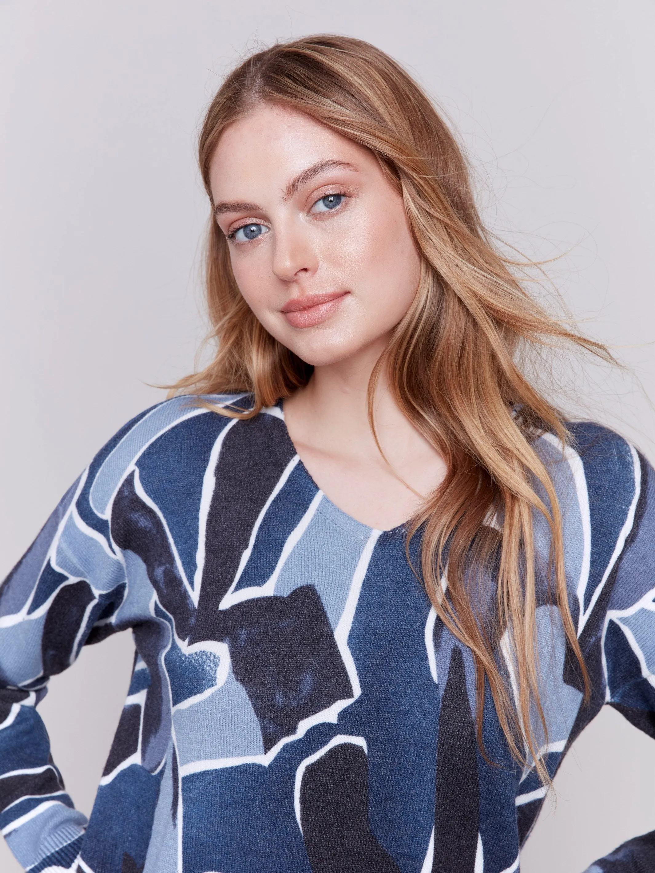 Printed Plush Knit V-Neck Sweater - Denim sold by Charlie B product image thumbnail 2