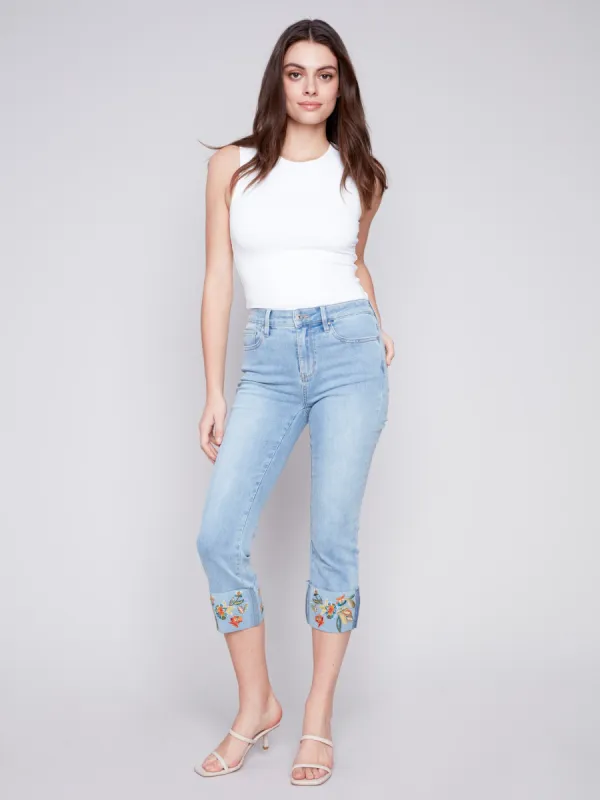 Cropped Jeans with Embroidered Cuff - Light Blue made by Charlie B