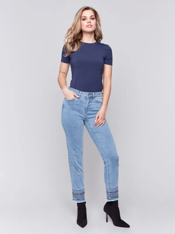 Embroidered Hem Jeans - Light Blue sold by Charlie B