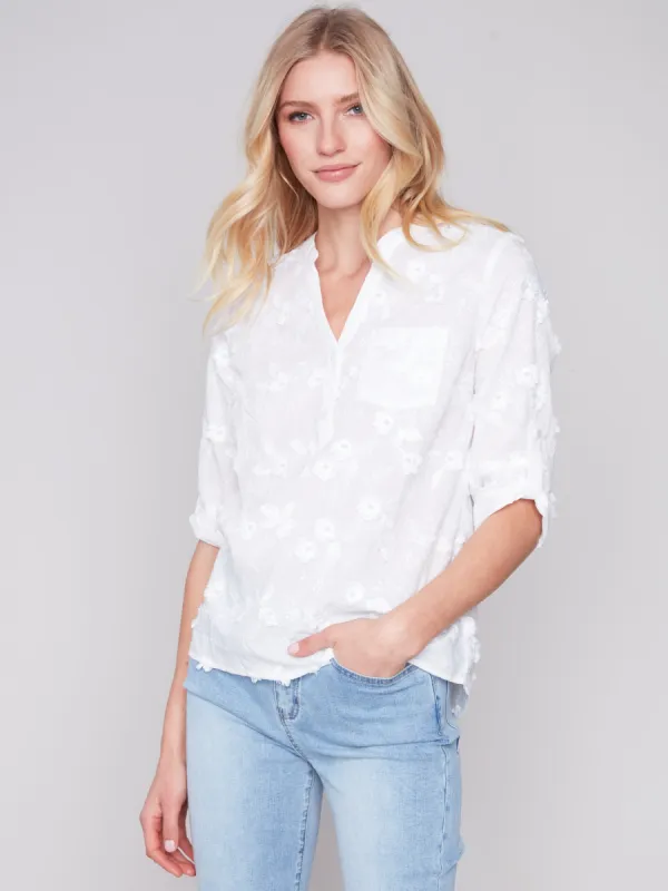 Half-Button Embroidered Cotton Blouse - White sold by Charlie B