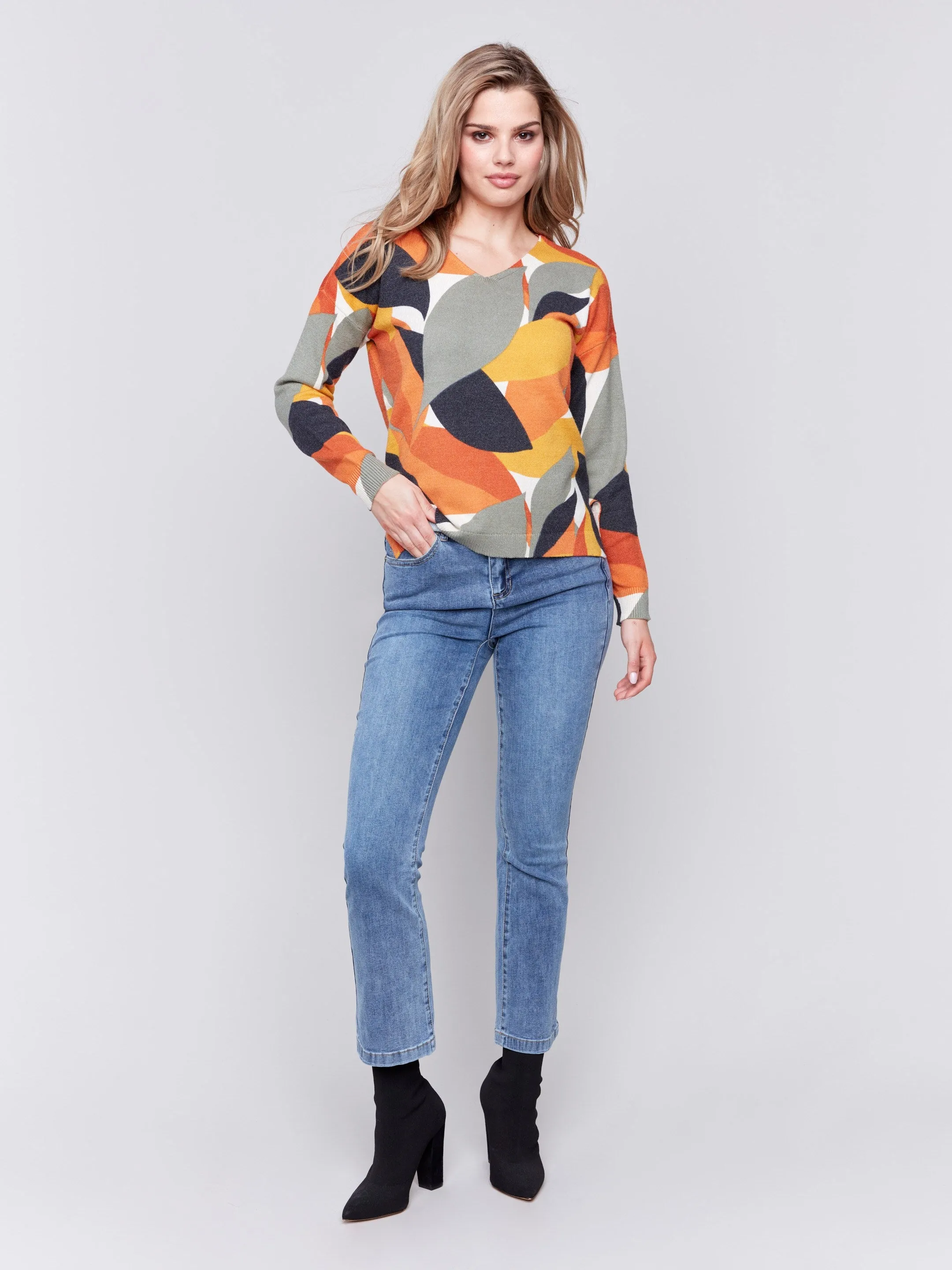 Printed Plush Knit V-Neck Sweater - Spruce sold by Charlie B product image thumbnail 5