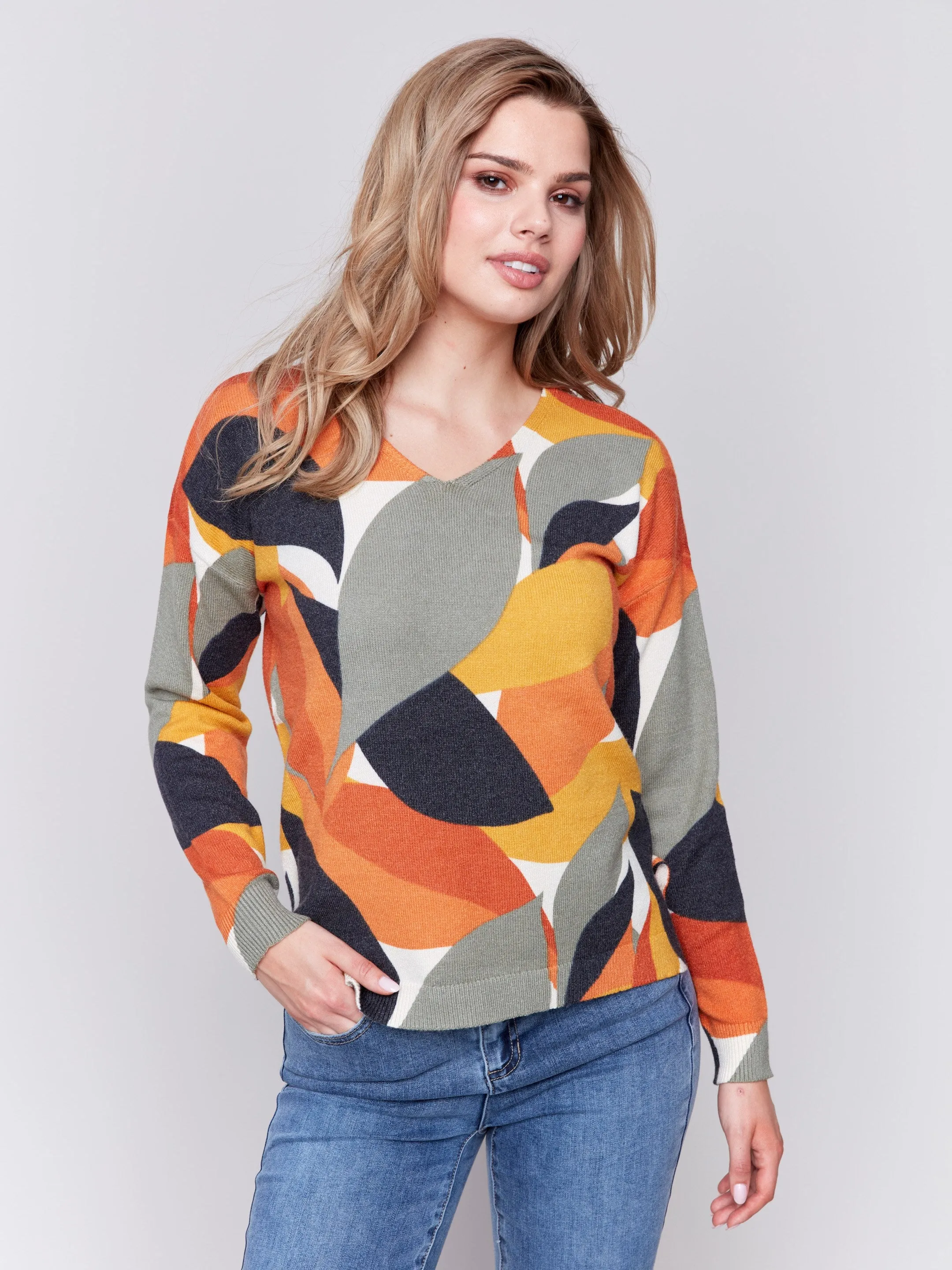 Printed Plush Knit V-Neck Sweater - Spruce sold by Charlie B