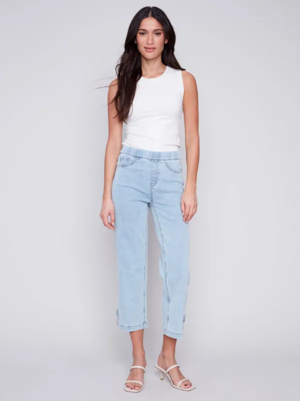 Cropped Pull-On Jeans with Hem Tab - Bleach Blue sold by Charlie B