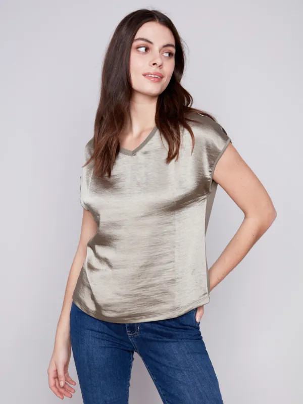 Satin V-Neck Knit Top - Celadon sold by Charlie B
