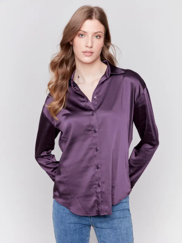 Solid Satin Button-Down Shirt - Plum sold by Charlie B