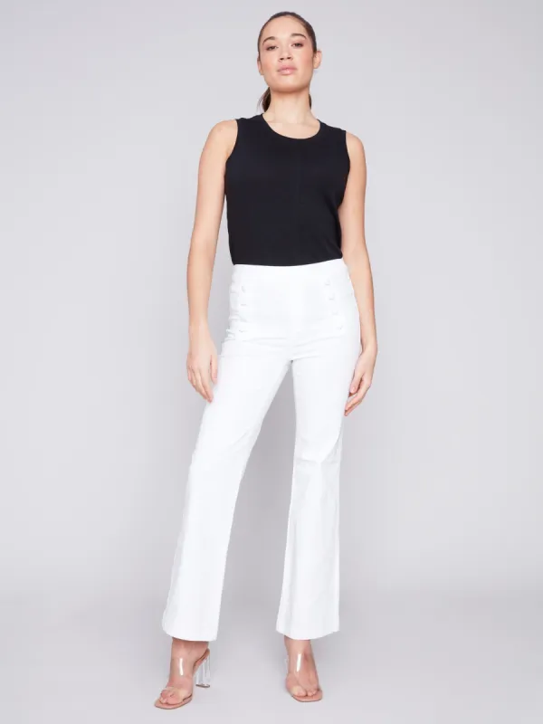 Flare Twill Pants with Decorative Buttons - White sold by Charlie B
