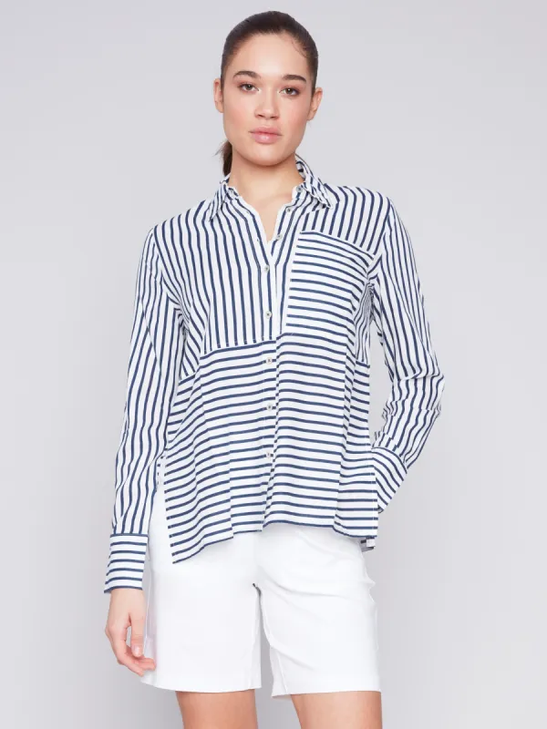 Button-Down Rayon Linen Blend Shirt - Navy sold by Charlie B