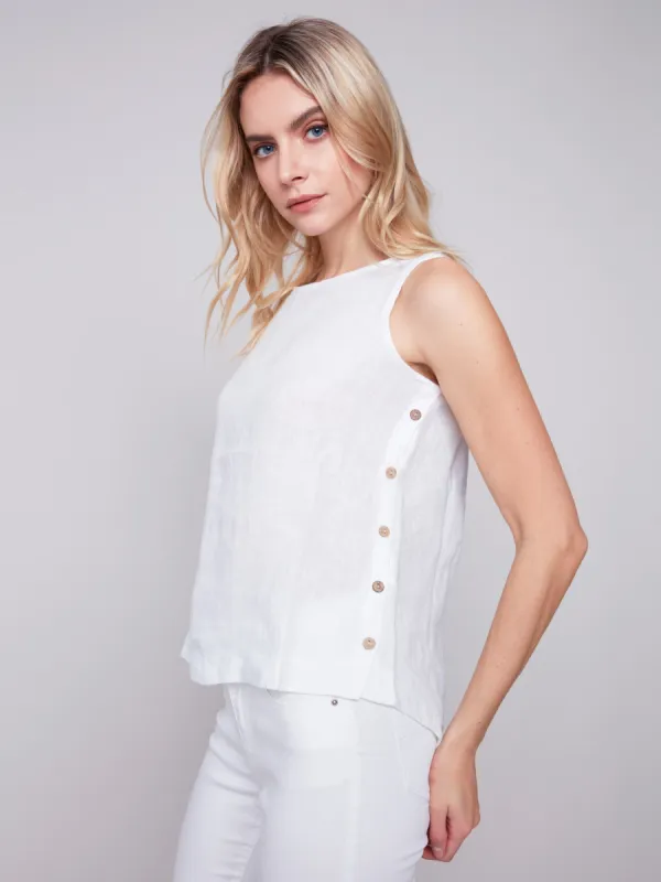 Sleeveless Linen Top with Side Buttons - White sold by Charlie B