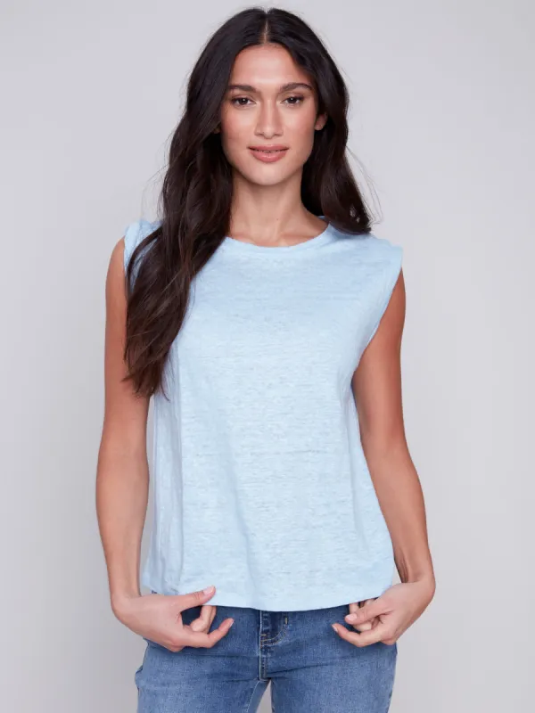 Linen Tank Top with Sleeve Detail - Sky sold by Charlie B
