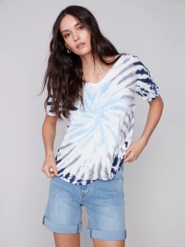 Printed Linen Top with Front Twist Knot - Sky sold by Charlie B