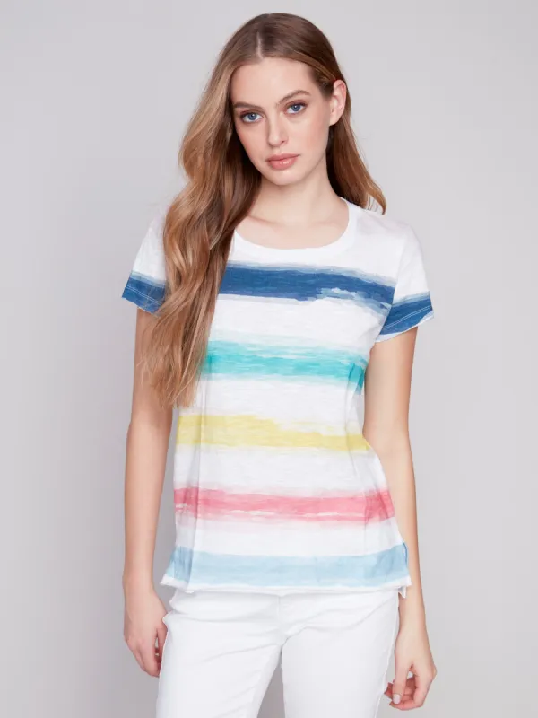 Printed Cotton Slub Knit T-Shirt - Stripes sold by Charlie B