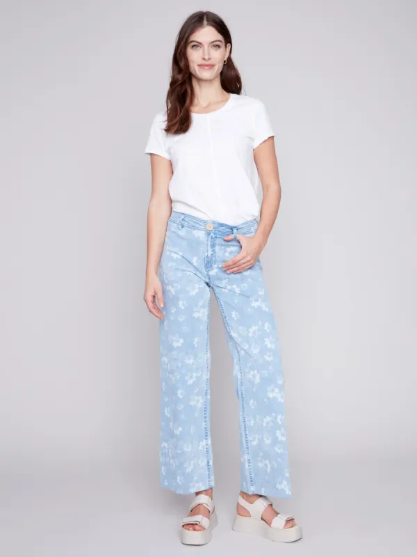 Printed Wide Leg Jeans with Raw Hem - Daisy Blue sold by Charlie B
