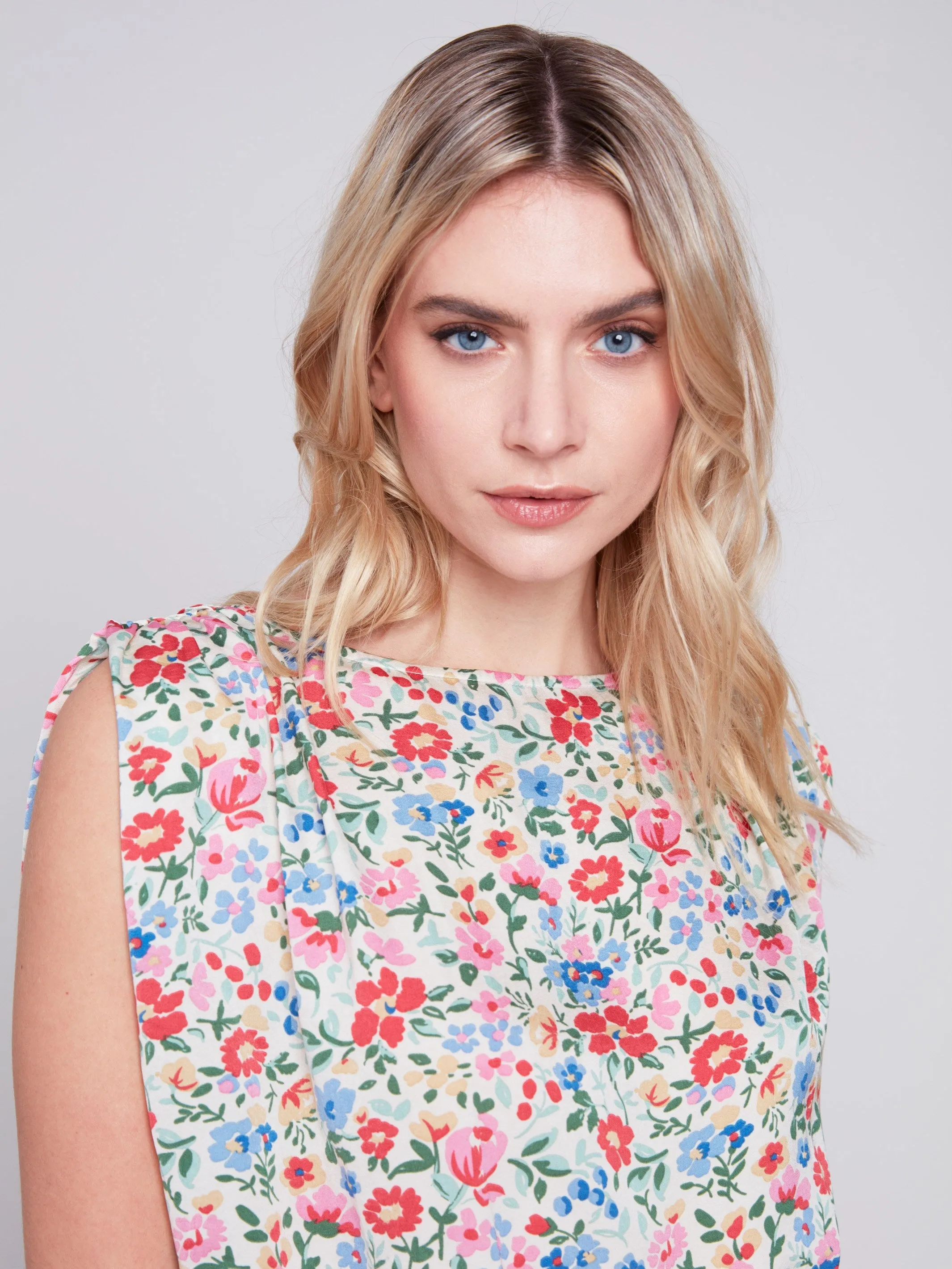 Printed Sleeveless Satin Top with Drawstring - Ditsy sold by Charlie B product image thumbnail 4