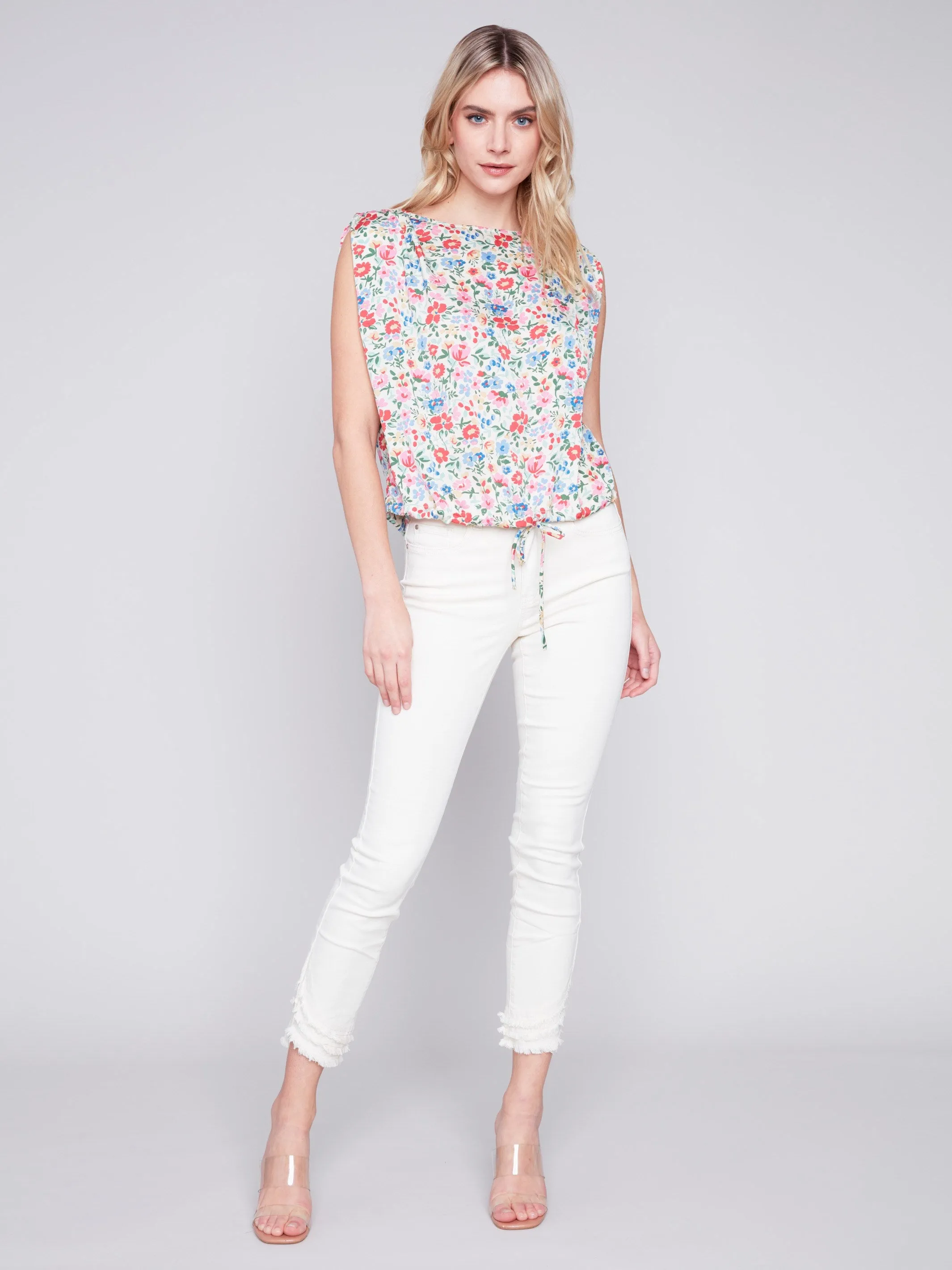 Printed Sleeveless Satin Top with Drawstring - Ditsy sold by Charlie B product image thumbnail 2