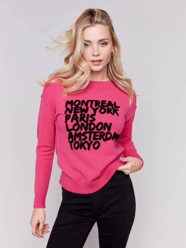 Embroidered Cities Crew Neck Sweater - Magenta sold by Charlie B