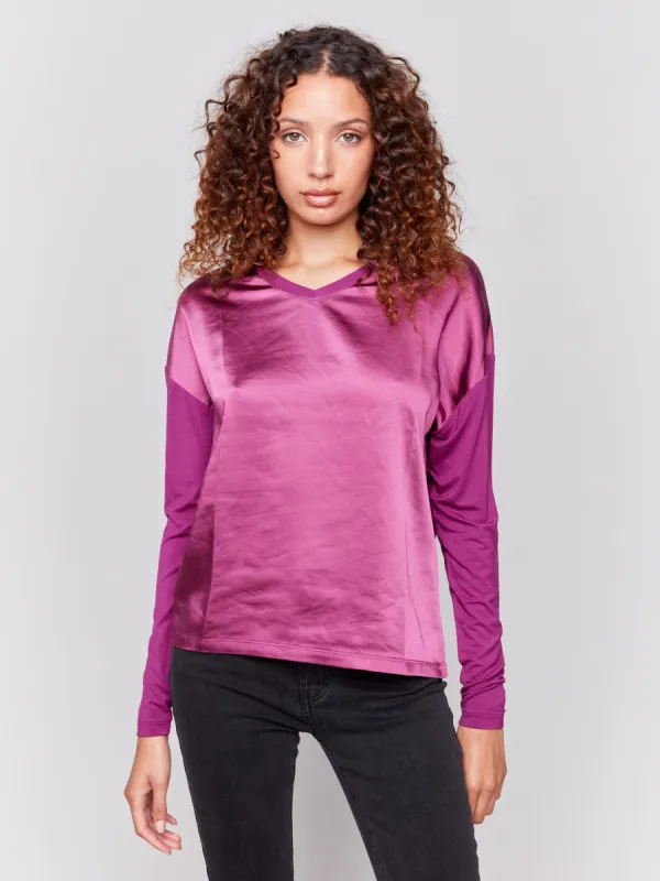 Satin And Jersey V-Neck Knit Top - Mulberry sold by Charlie B