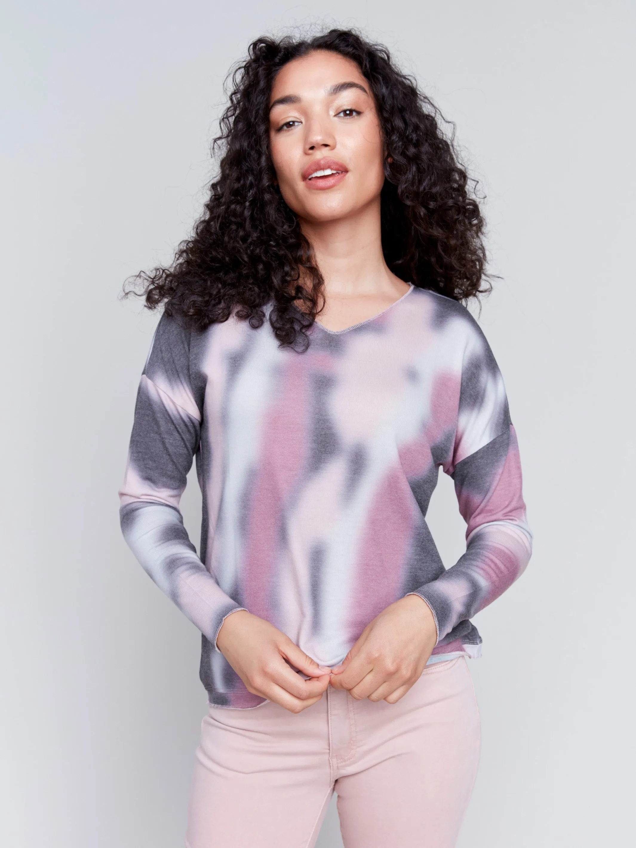 Printed V-Neck Knit Top - Charcoal sold by Charlie B