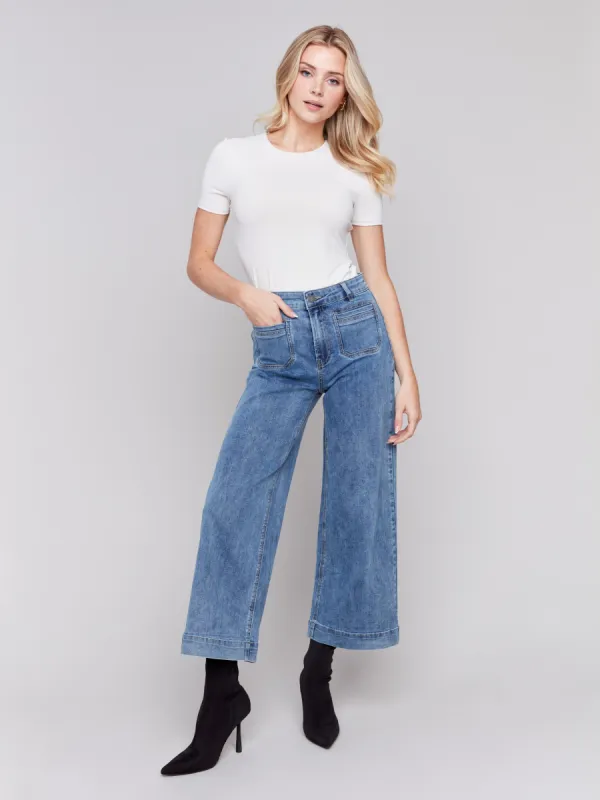 Patch Pocket Flare Jeans - Medium Blue sold by Charlie B
