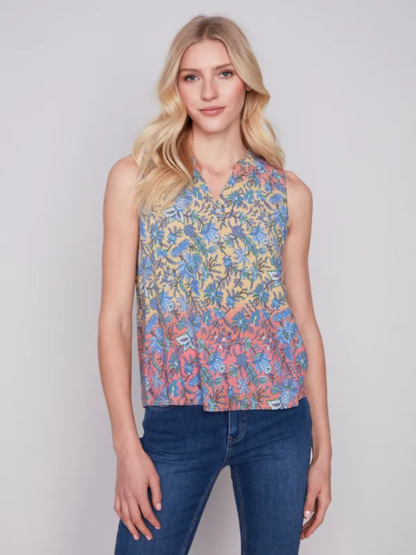 Sleeveless Printed Ruffle Neck Blouse - Glory sold by Charlie B