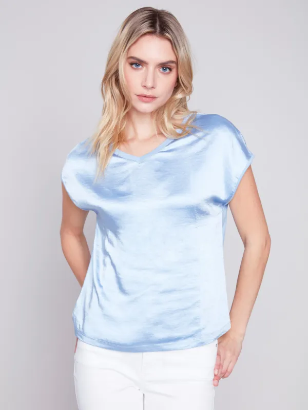 Satin V-Neck Knit Top - Sky sold by Charlie B