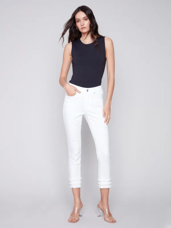 Frayed Hem Cropped Twill Pants - White sold by Charlie B