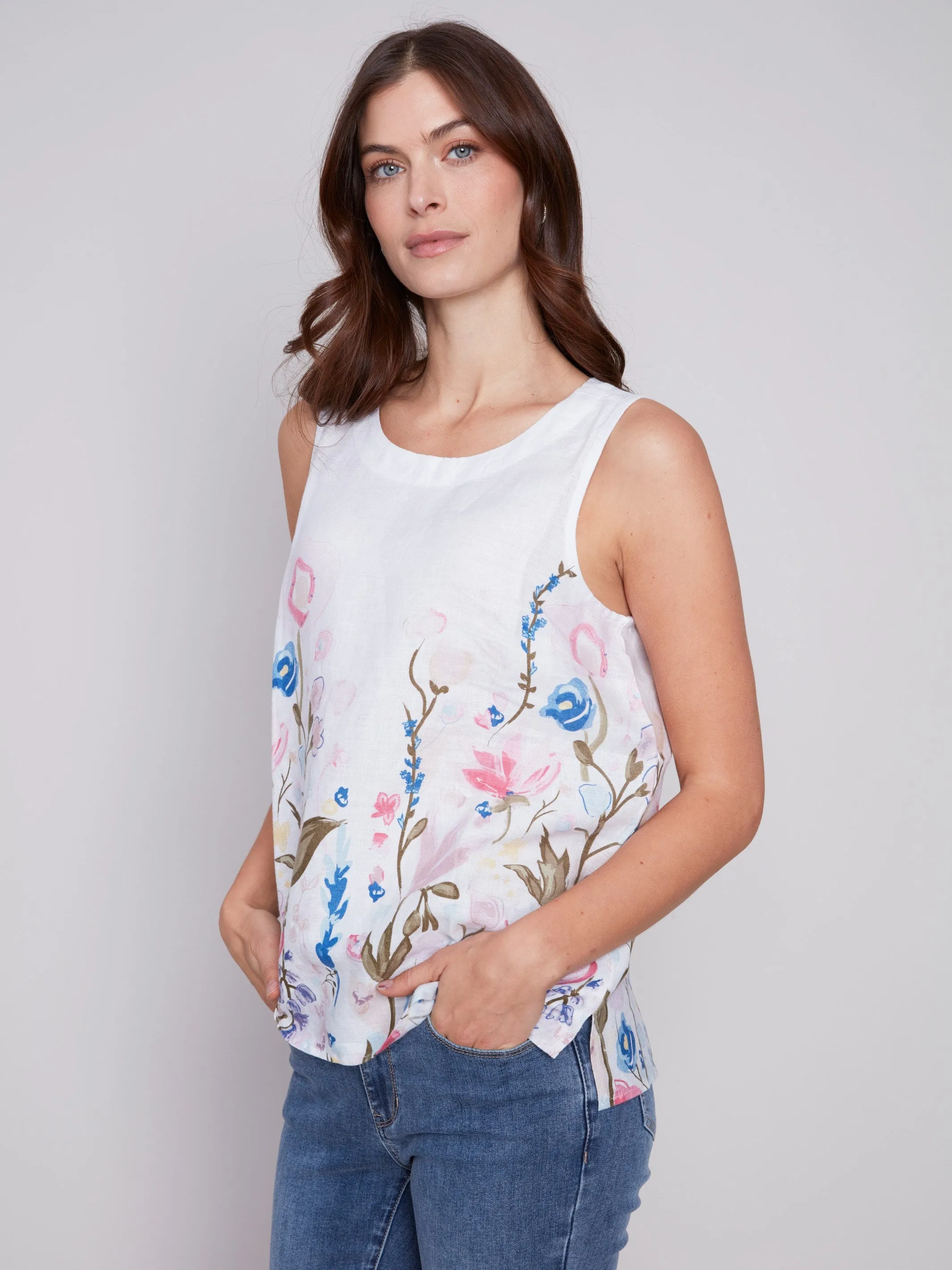 Sleeveless Floral Printed Linen Top - Pastel sold by Charlie B